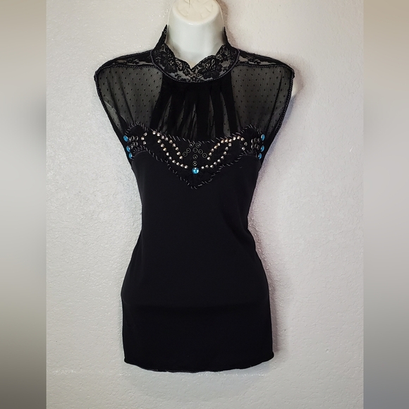 Free People Rare Black Sheer Lace Beaded Fitted Blouse Mandarin Collar Sz Medium - Picture 4 of 9